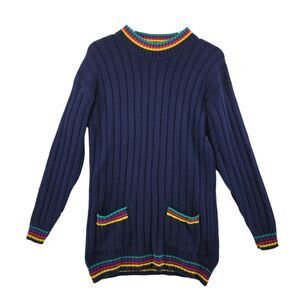 Vintage Women's Tunic Sweater Navy Blue Rainbow Knit Trim‎ Size Medium